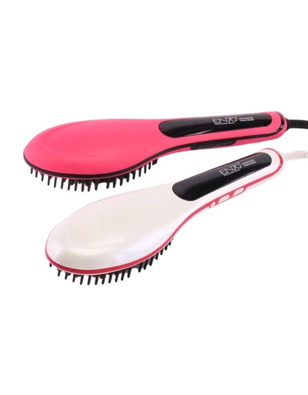 Enzo EN-053 professional ceramic heated straightening brush in pink and white design.